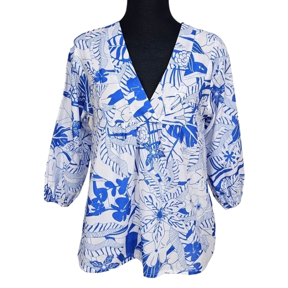 Vilagallo Blue & White Cotton Floral Print V-Neck Babydoll Summer Coastal Top 6